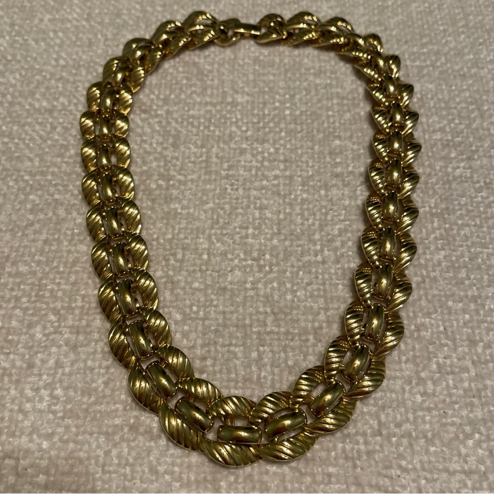Vintage 80s Monet Gold Tone Triple Gold Plated Statement Necklace 18"